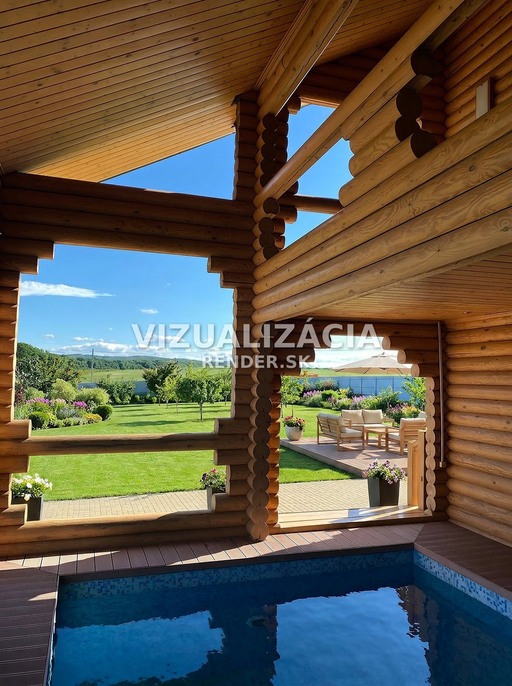 After visualization — Log house with pool